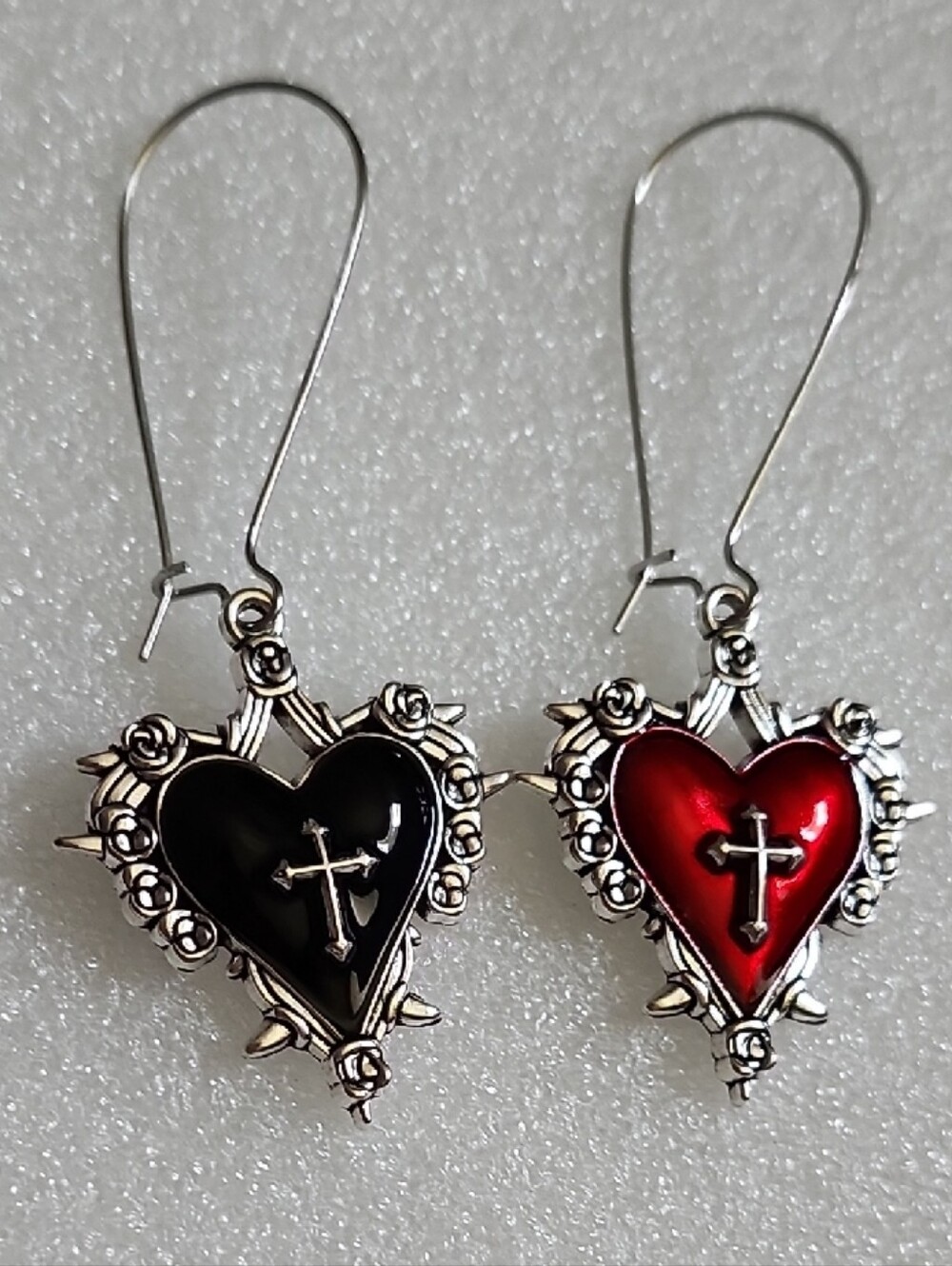 Hand Crafted Black & Red Gothic Heart Cross Dangle Earrings